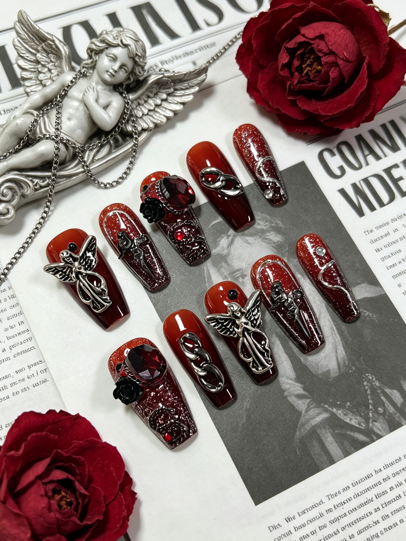 The Korean Lifestyle - 10 Medium-Sized Trapezoidal Press-On Nails, Red